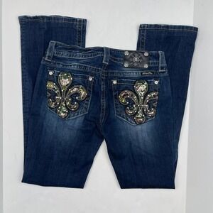 Y2K Miss Me Low Rise Bootcut Sequin Jeans Rhinestone Bling Women's 29 Distressed